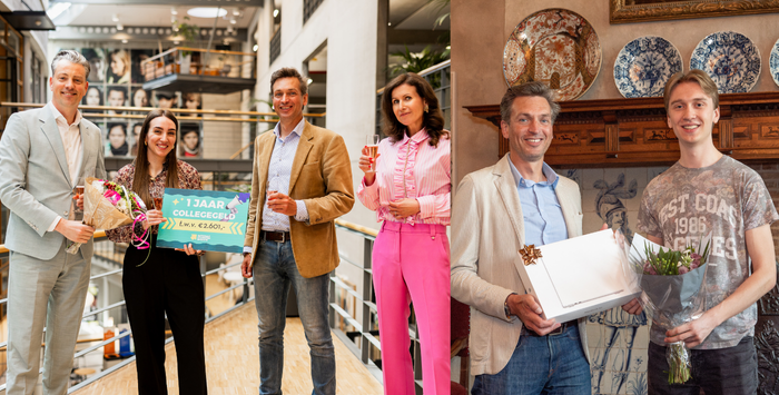 Twee prijsuitreikingen van de Nationale Studenten Enquête. Op de foto’s overhandigen vertegenwoordigers van het Landelijk Centrum Studiekeuze prijzen aan studenten, met bloemen en cadeaus.