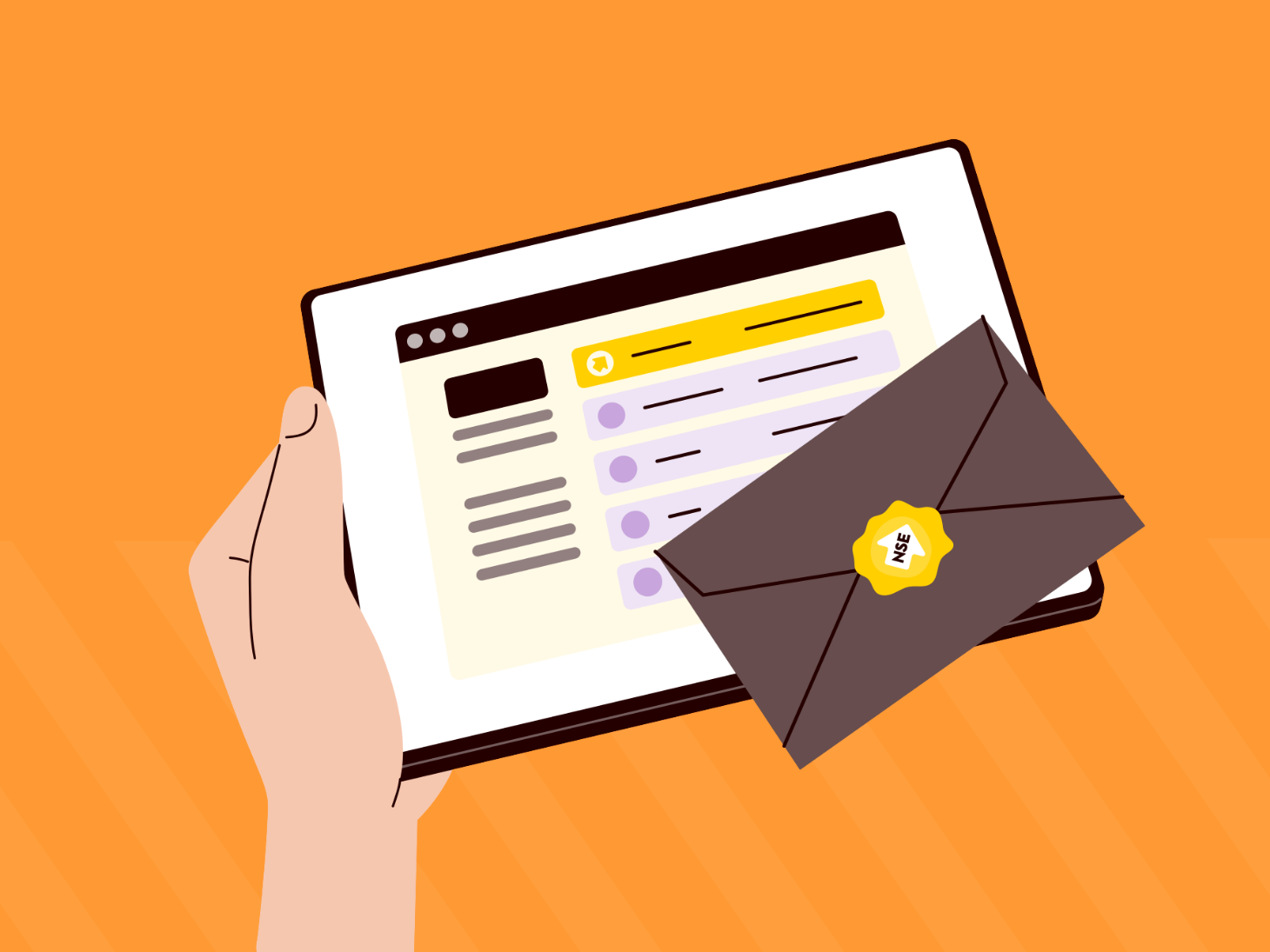 Illustratie van een hand die een tablet vasthoudt met een e-maillijst op het scherm. Op de tablet ligt een gesloten envelop met een gele zegel waarop ‘NSE’ staat, tegen een oranje achtergrond.