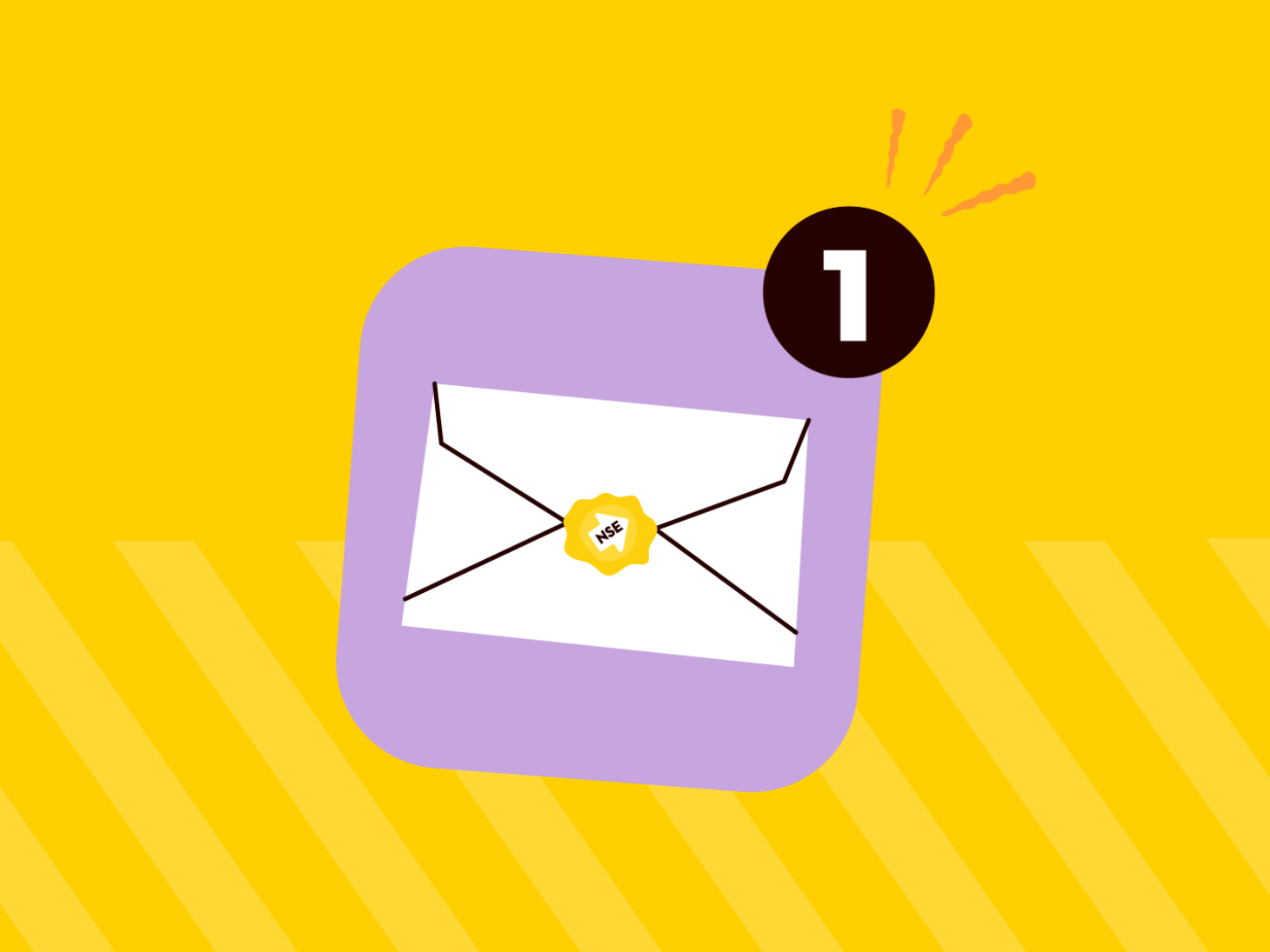 Illustratie van een envelop met een gele zegel waarop ‘NSE’ staat. Boven de envelop staat een meldingsicoon met het getal 1, tegen een gele achtergrond met diagonale strepen.