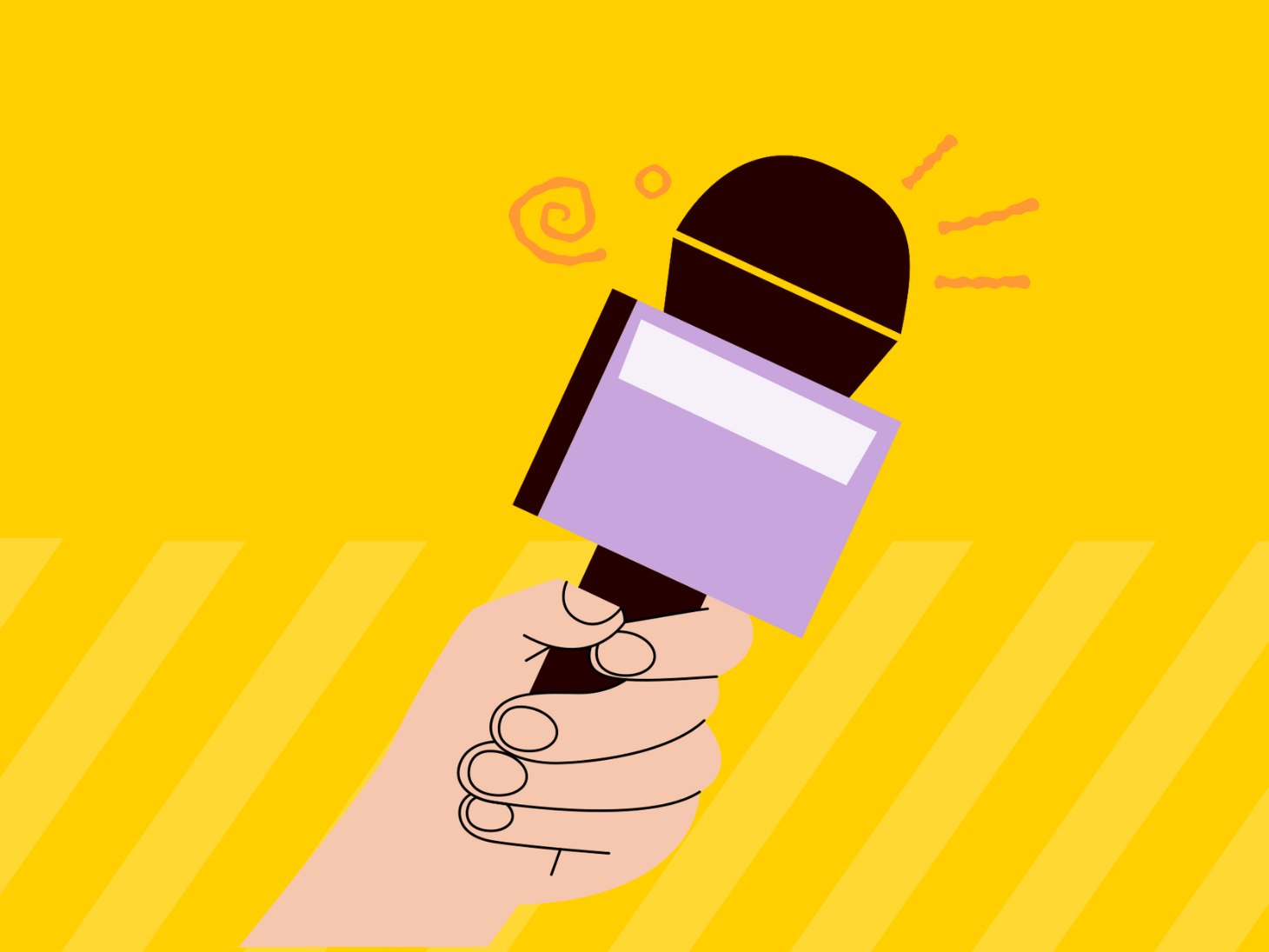Illustratie van een hand die een microfoon vasthoudt tegen een gele achtergrond.
