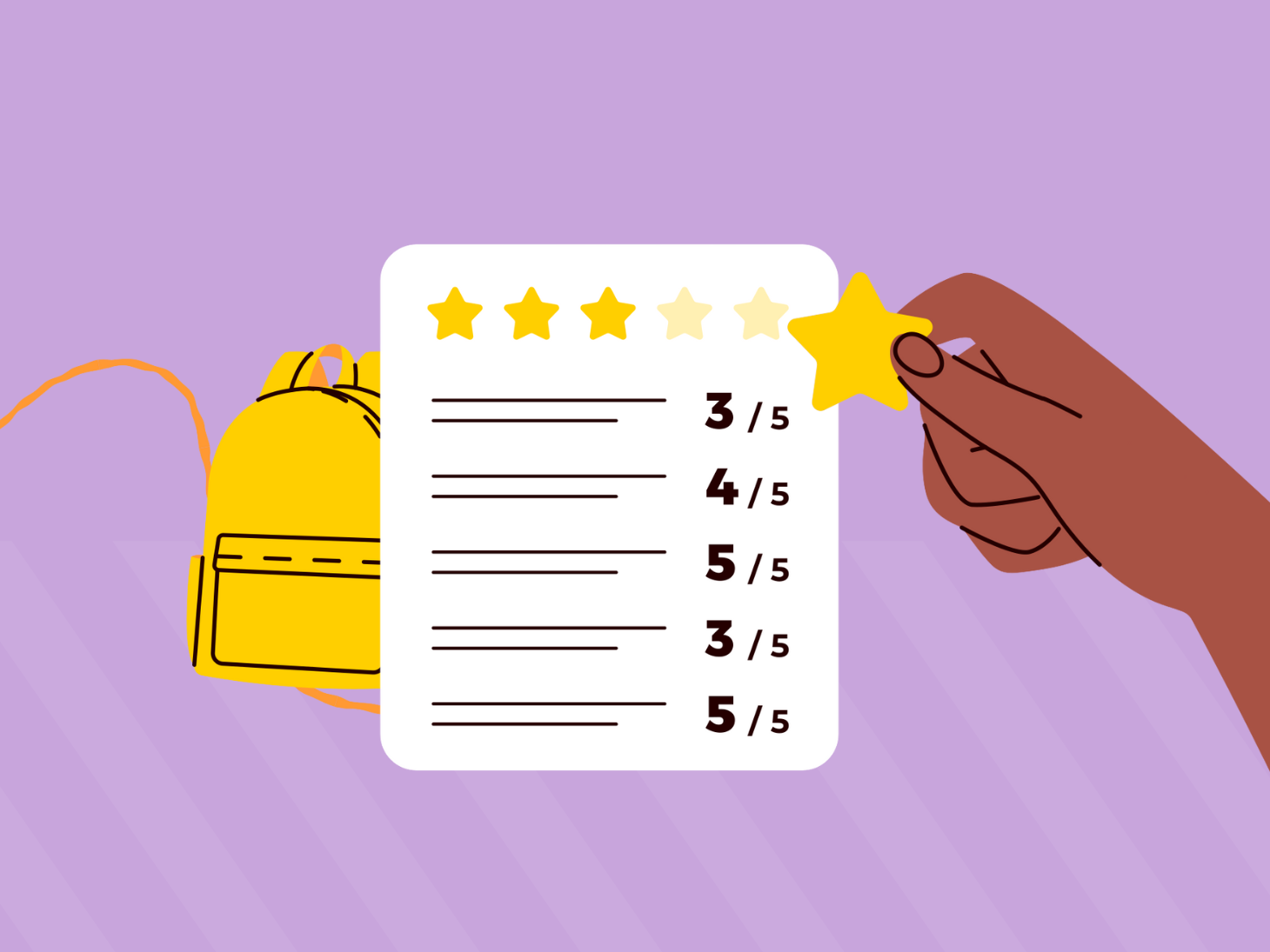 Illustratie van een hand die een gele ster toevoegt aan een formuliers. Op de achtergrond staat een gele rugzak tegen een paarse achtergrond.
