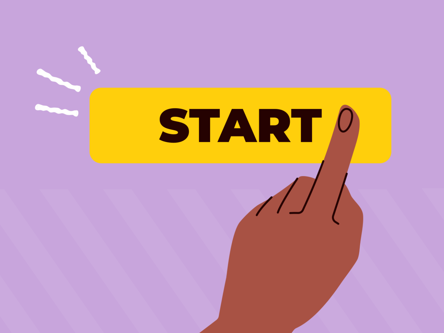 Illustratie van een hand die op een gele knop met de tekst ‘START’ drukt, tegen een paarse achtergrond