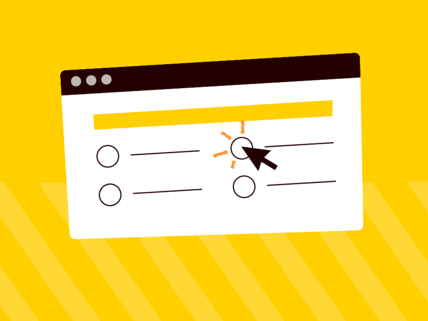 Illustratie van een computerscherm met een online vragenlijst. Een muisaanwijzer klikt op een keuzerondje. De achtergrond is geel.